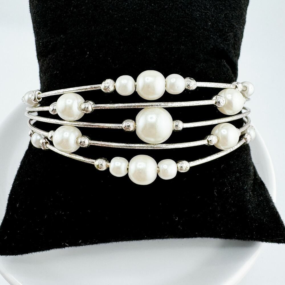 Vintage Faux Pearl Multi-Strand Cuff Bracelet Elegant Timeless Formal Dainty